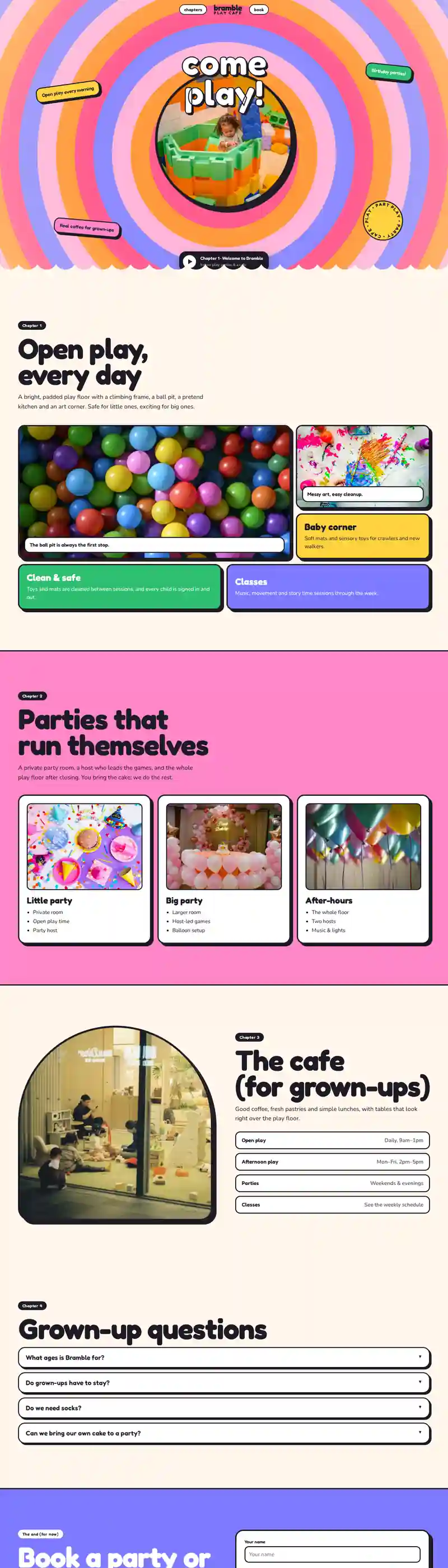 Bramble Play Cafe sample website on a laptop