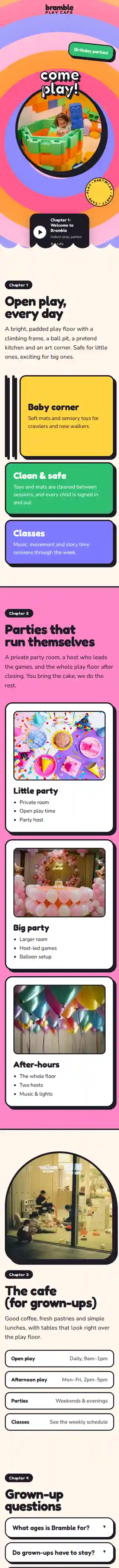 Bramble Play Cafe sample website on a phone