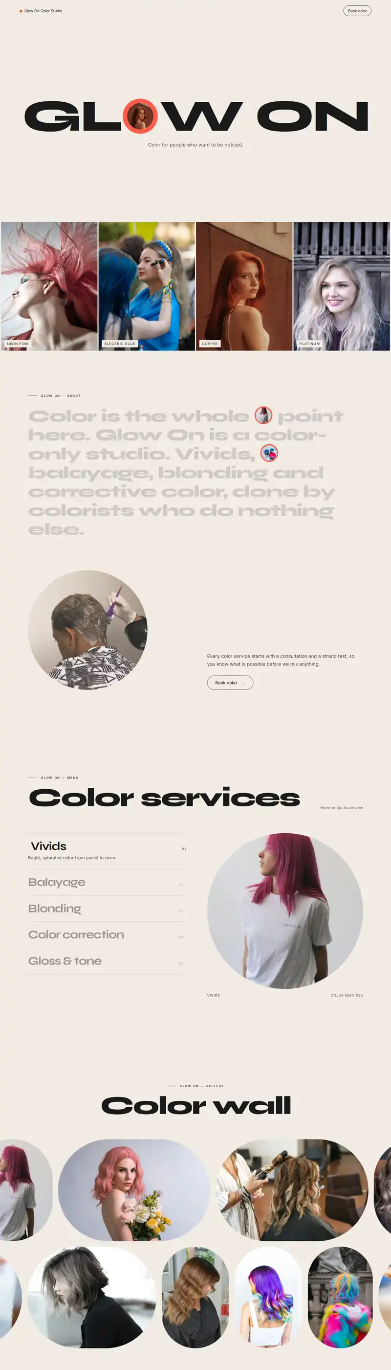 Glow On Color Studio sample website on a laptop