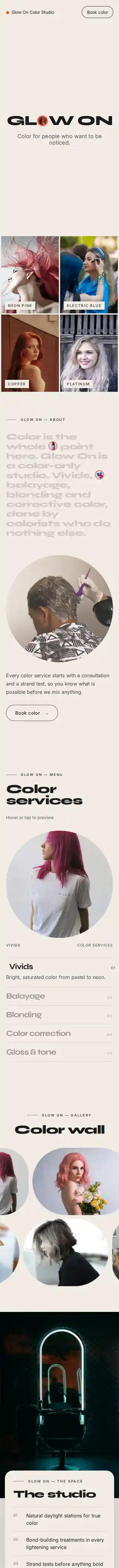 Glow On Color Studio sample website on a phone