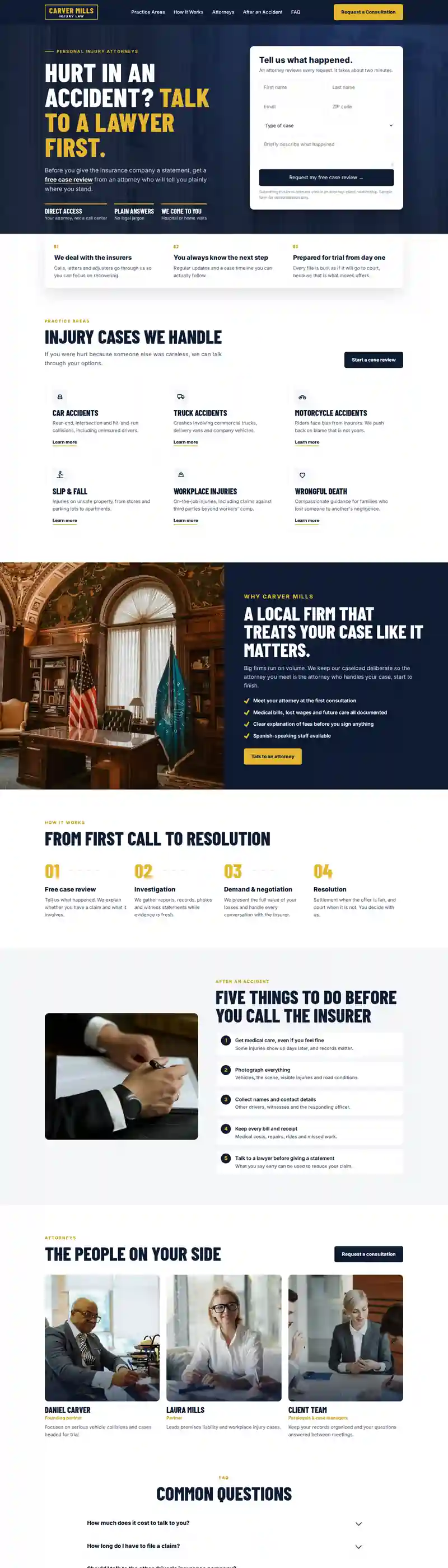 Carver Mills Injury Law sample website on a laptop