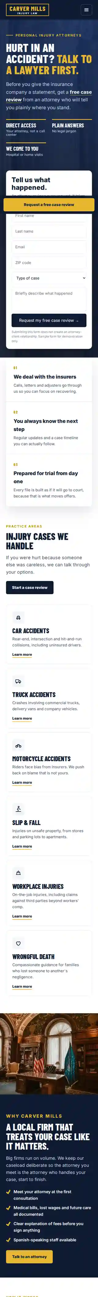 Carver Mills Injury Law sample website on a phone
