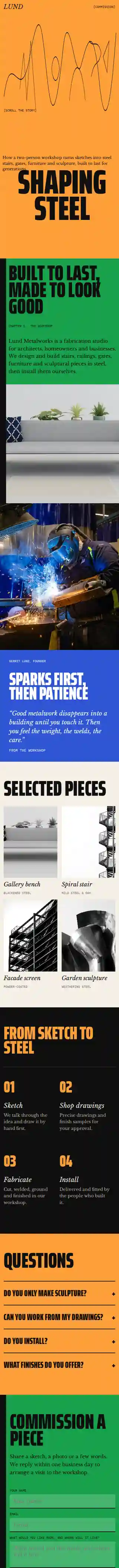 Lund Metalworks sample website on a phone