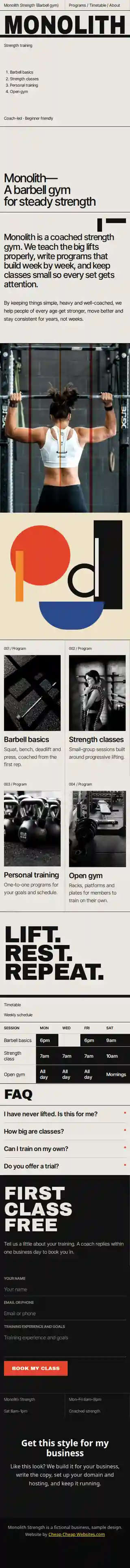 Monolith Strength sample website on a phone