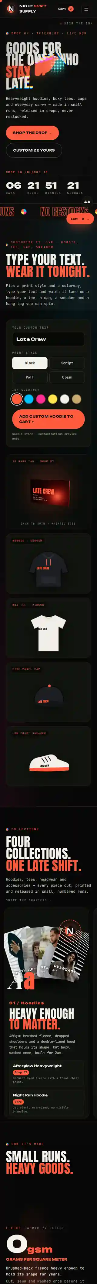Nightshift Supply sample website on a phone