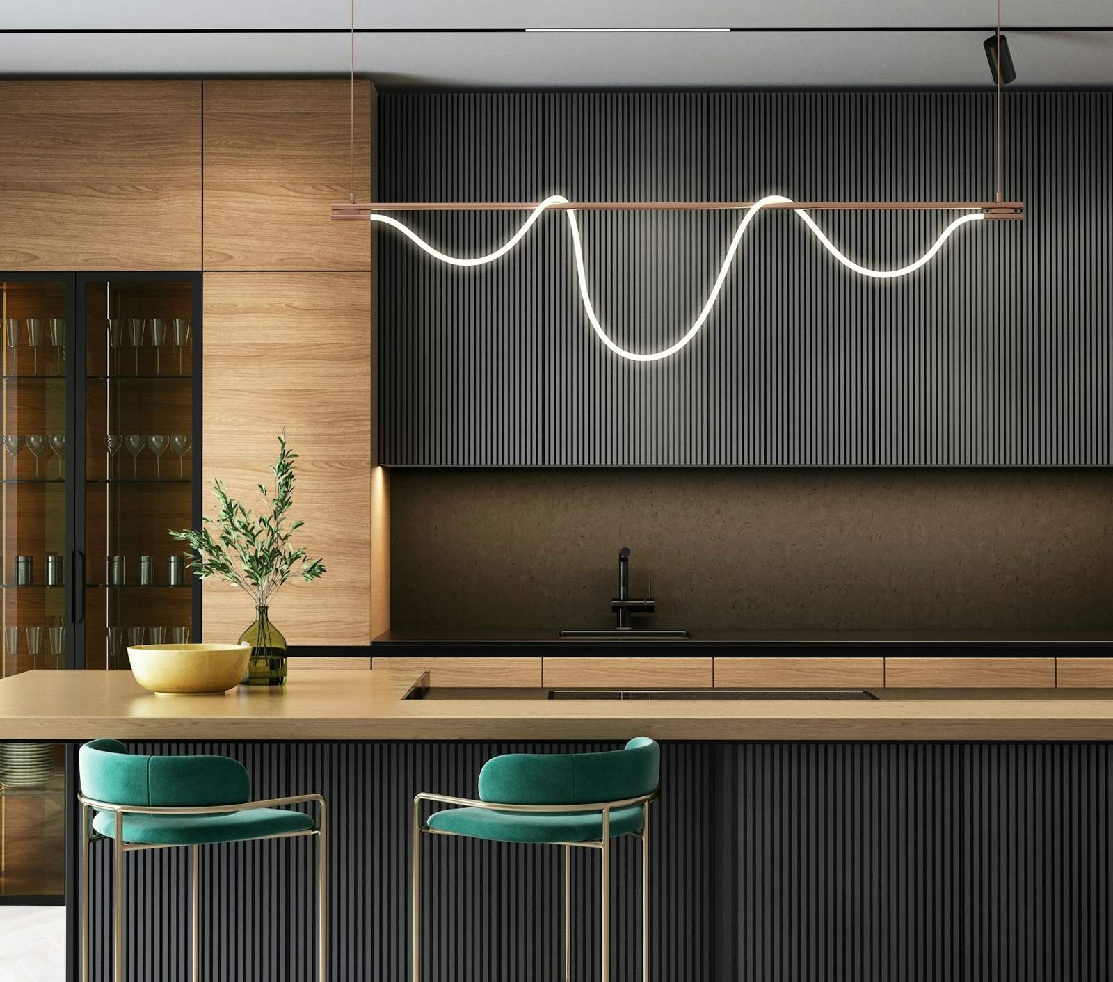 Kitchen with a wavy LED pendant over the island