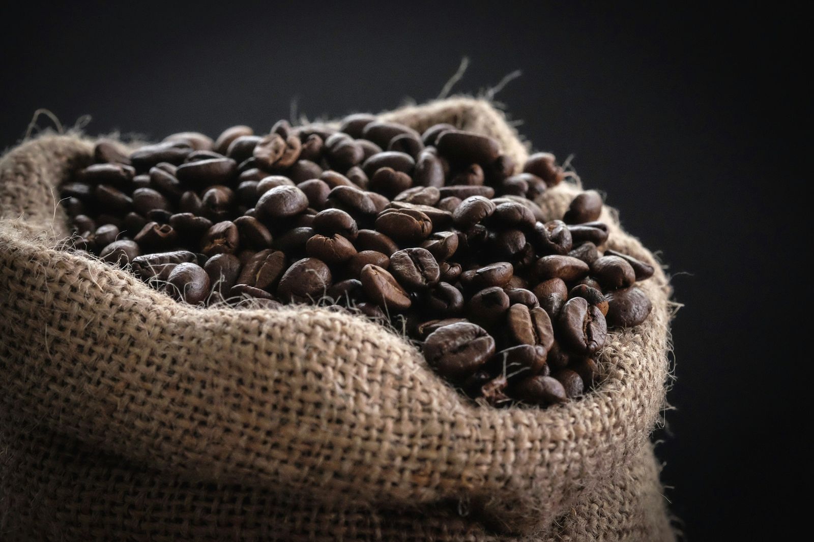 Burlap sack filled with freshly roasted coffee beans