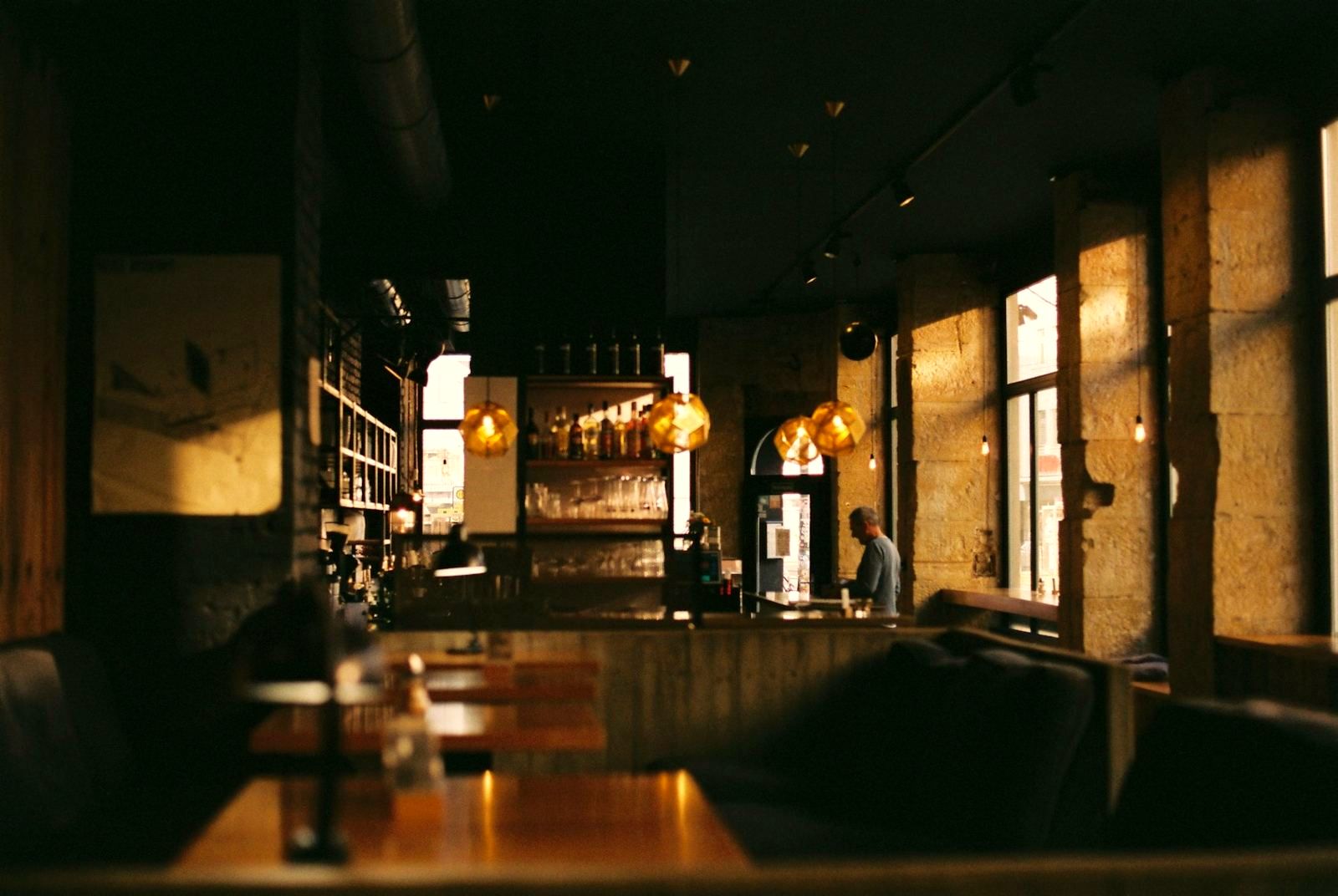 Warm restaurant dining room and bar