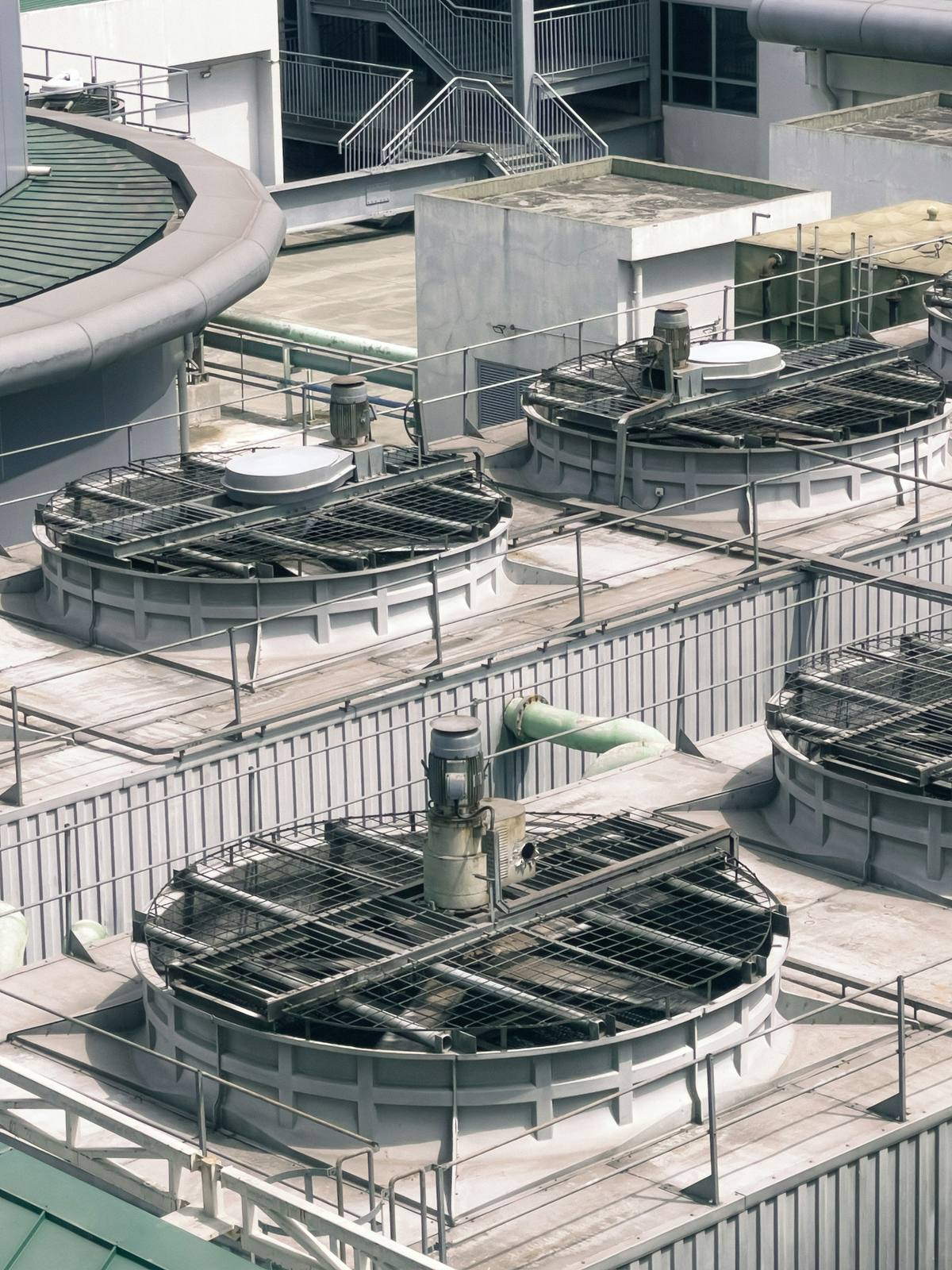 Rooftop cooling towers on a commercial building