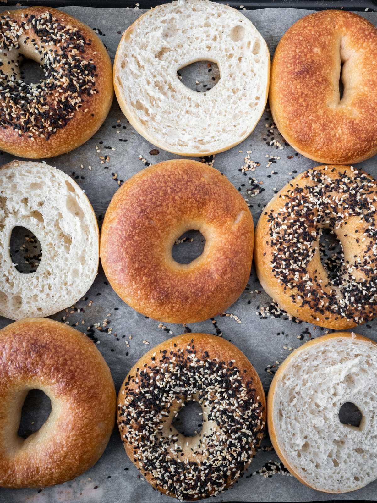 A tray of assorted fresh bagels