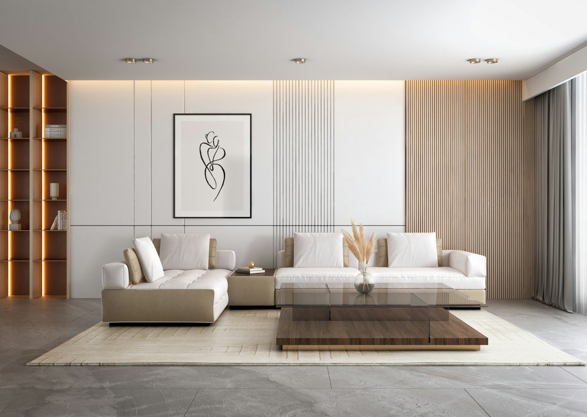 A room with a couch and a table