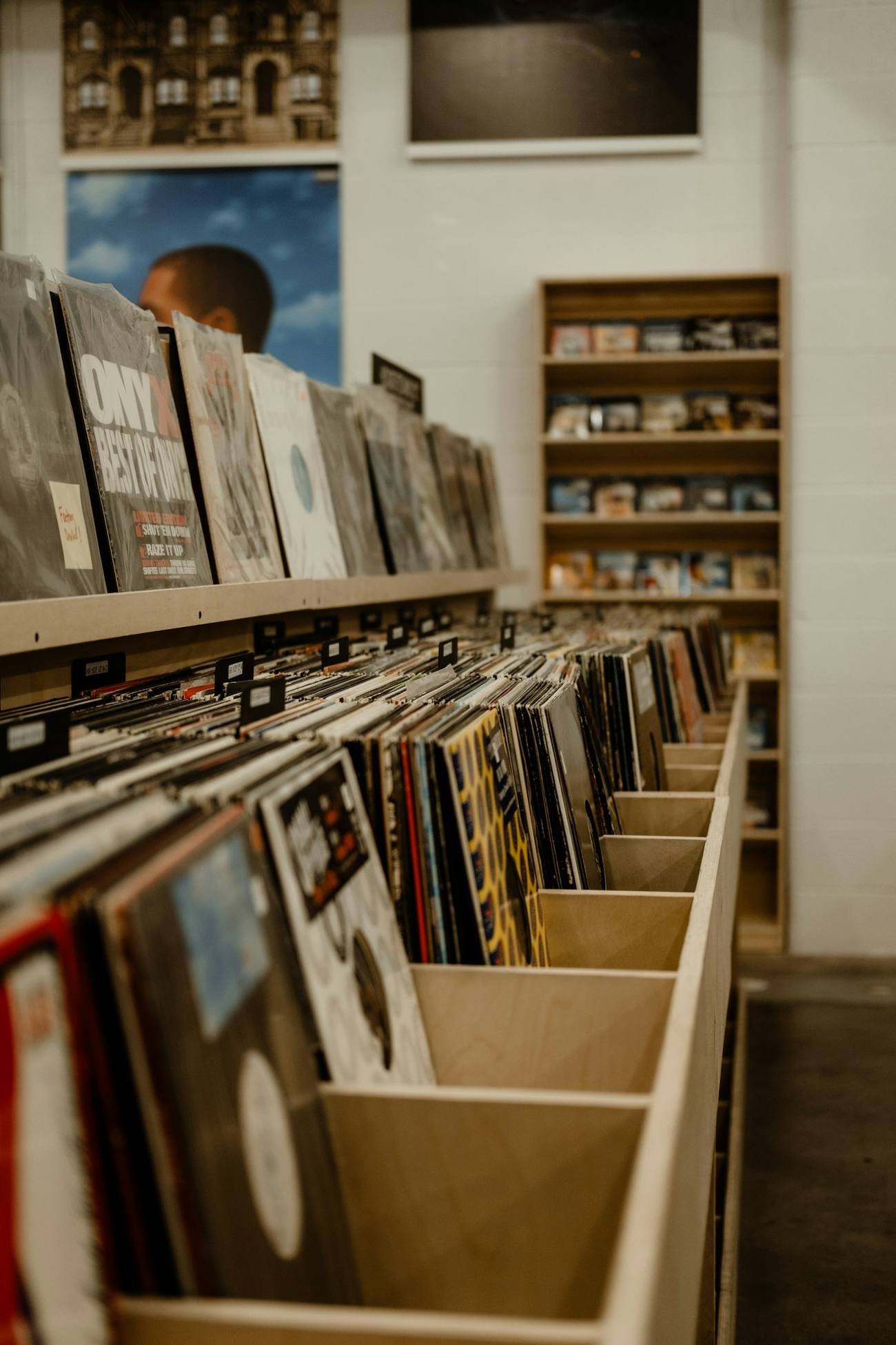 Record bins in a shop aisle