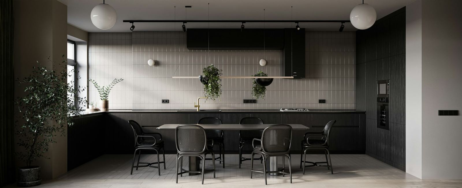 Dark kitchen with long dining table
