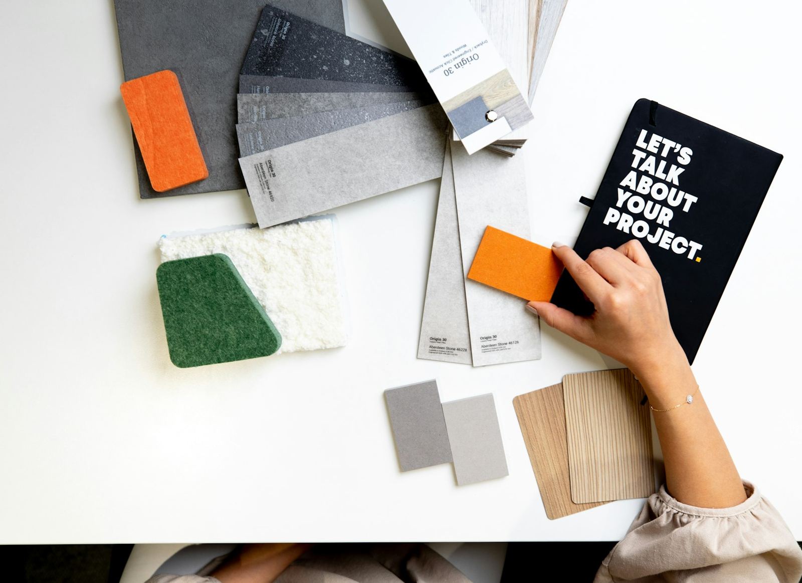 Material and color swatches on a desk