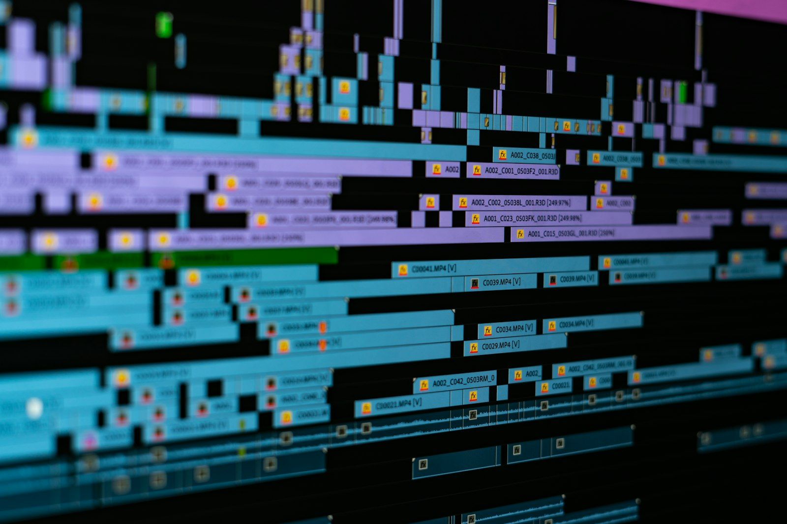 Colorful edit timeline on a screen
