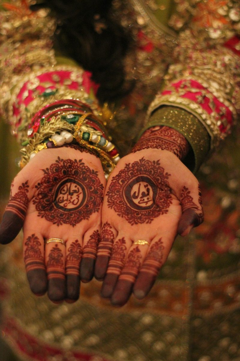 A close up of a person's hands with henna