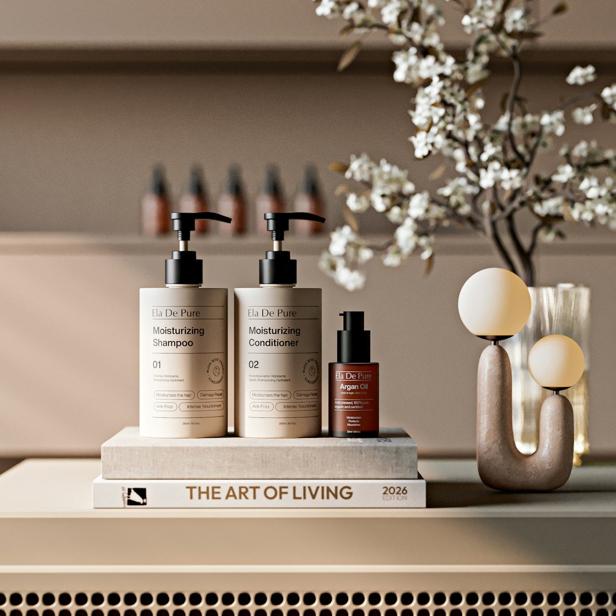 Shampoo, conditioner, and serum bottles on a book
