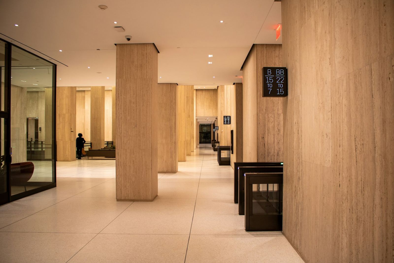 Warm wood-paneled commercial lobby