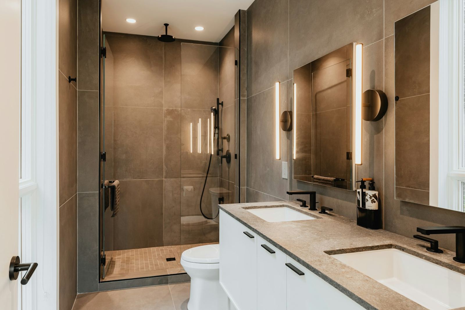 Walk-in shower with warm tile