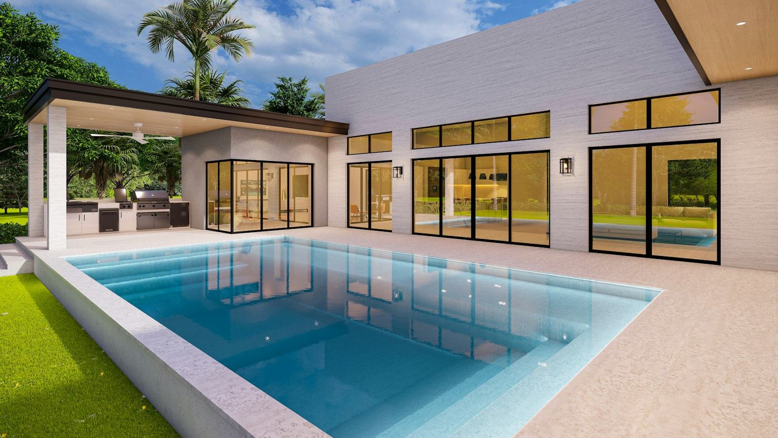 A modern pool beside a glass-walled pool house