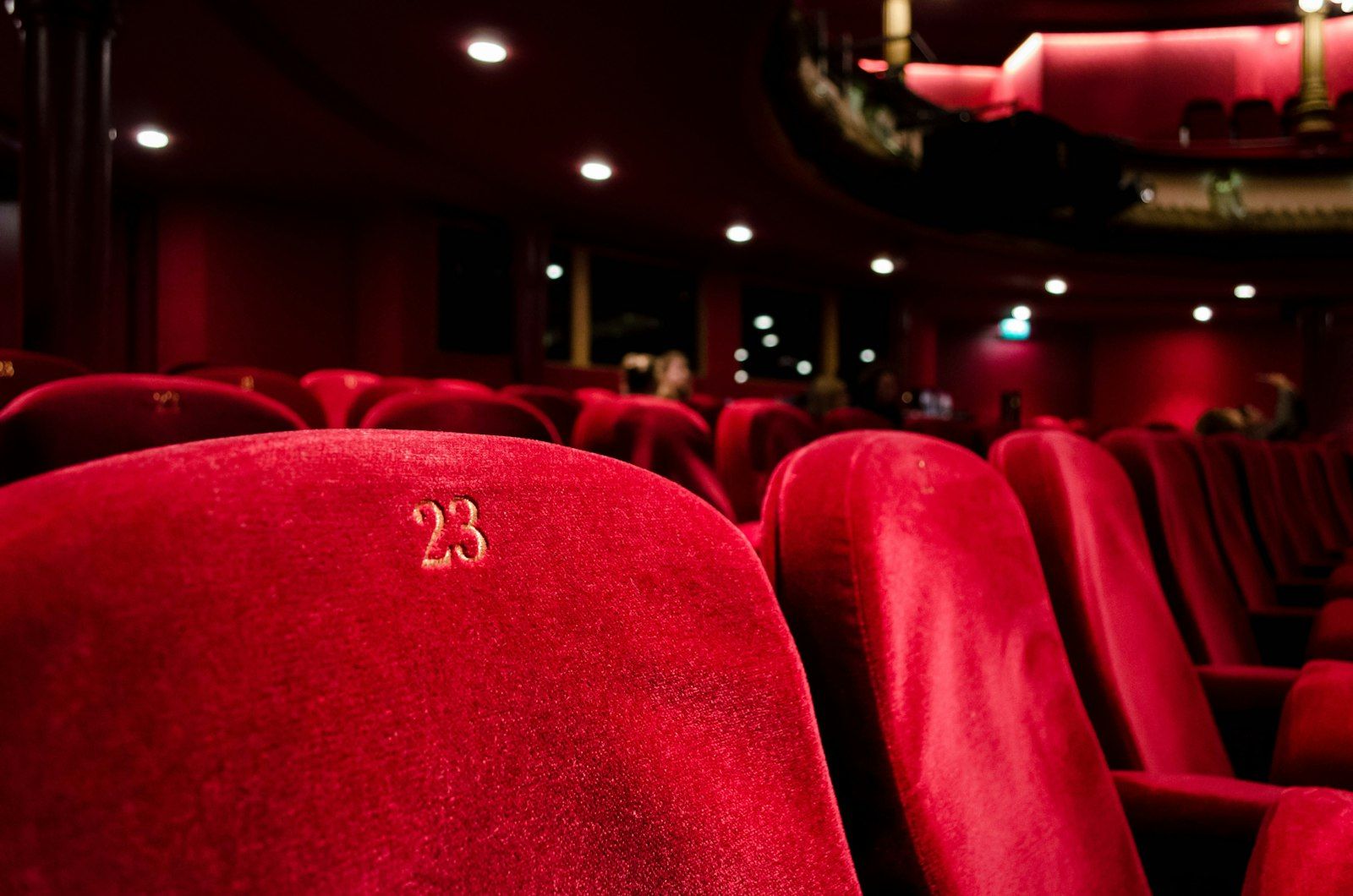 Close-up of a red velvet cinema seat