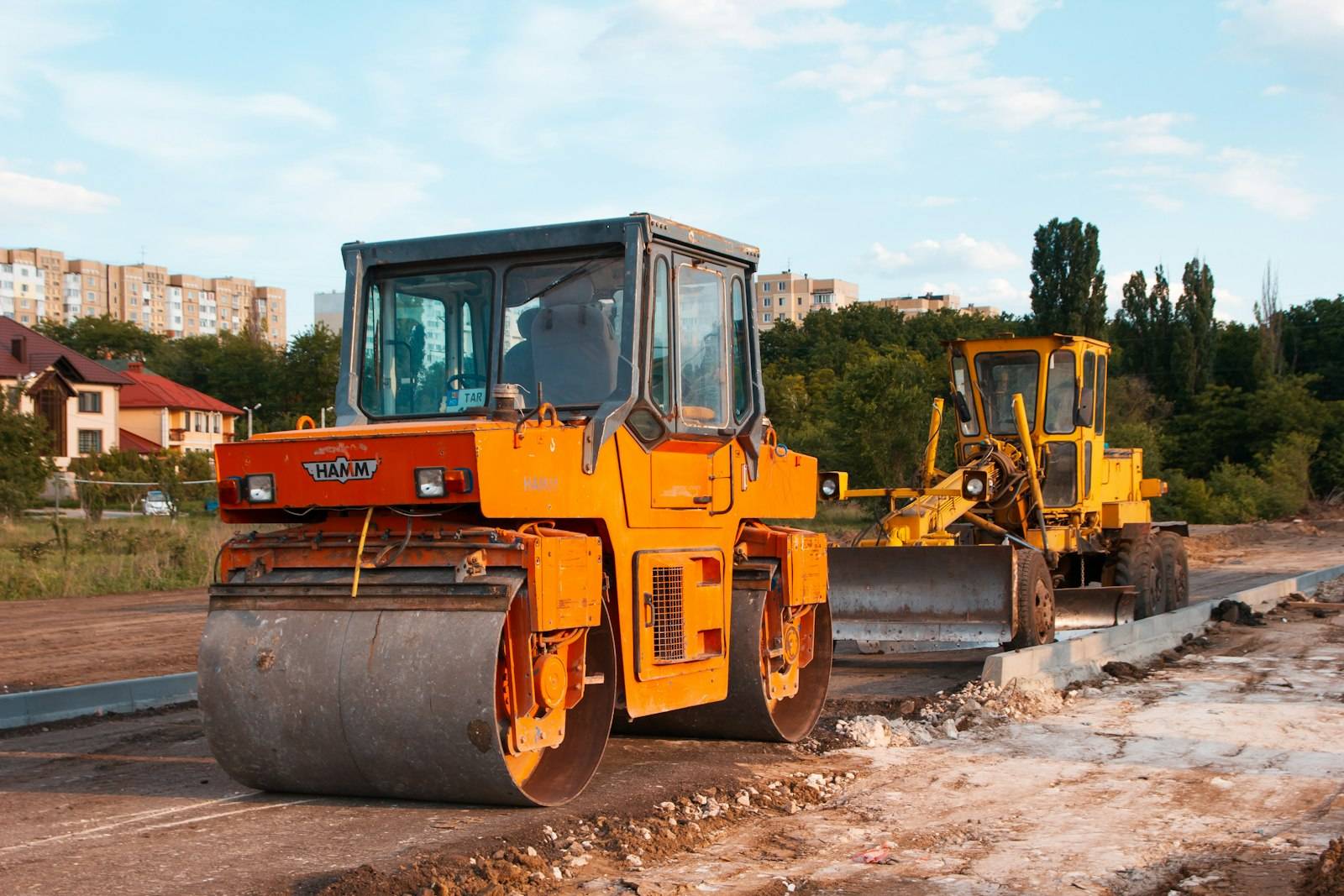 Road roller on a job site