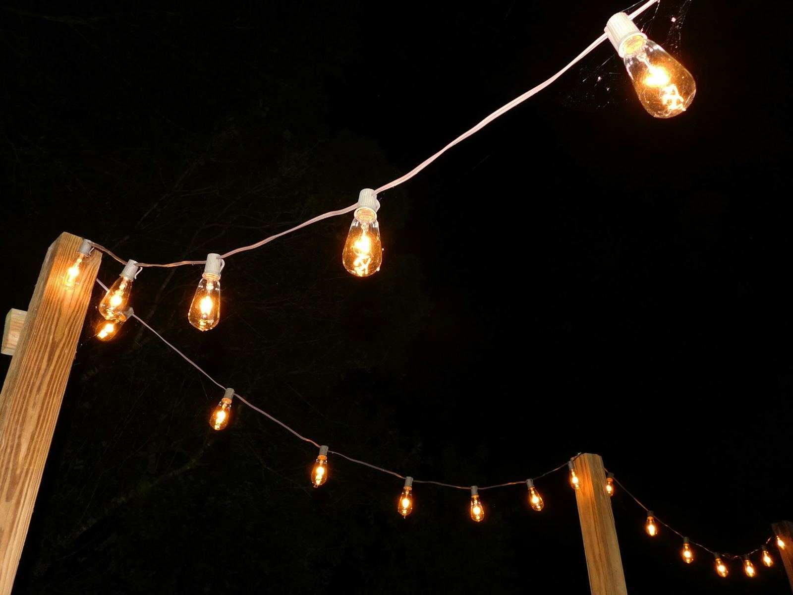 String lights glowing over the rooftop at night