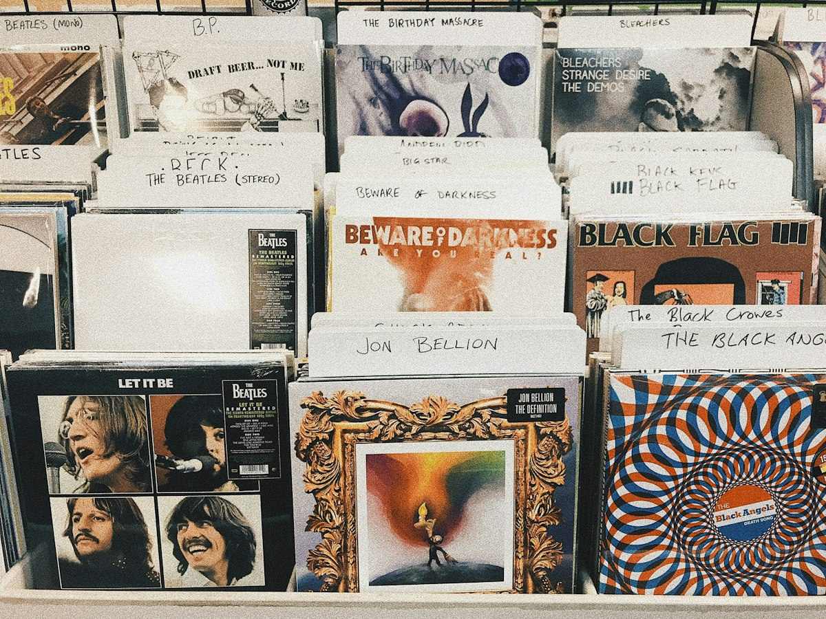 Pile of assorted-title vinyl album record sleeves