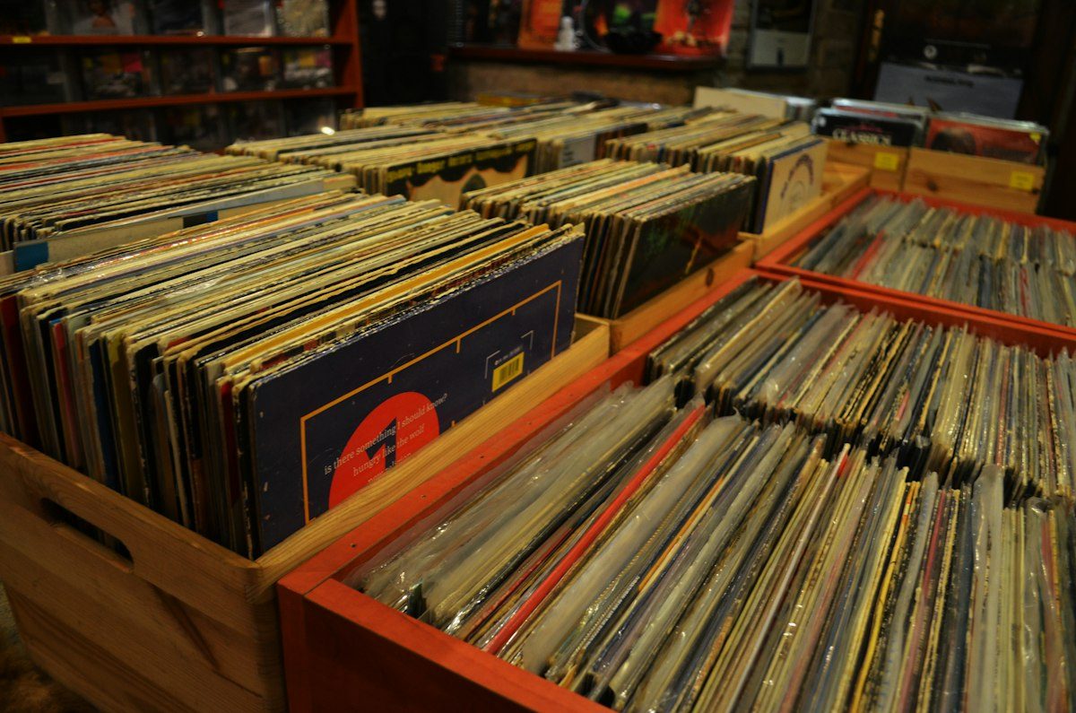 A large collection of records in a record store