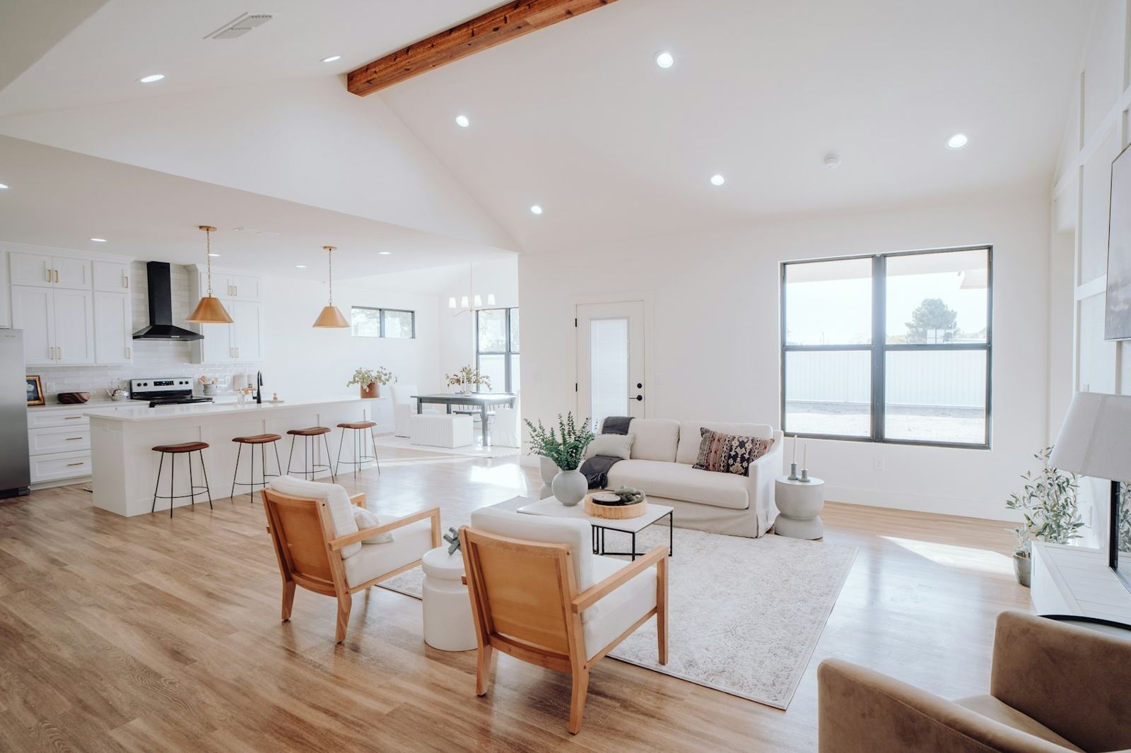 Vaulted great room with an open kitchen